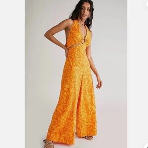 Free People Kira Orange Printed O-Ring Wide Leg Halter Neck Jumpsuit